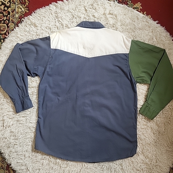 Vintage Western Plains Snap Button Shirt Front Long Sleeve Shirt Blue Green - Picture 13 of 16